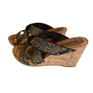 XOXO black and gold beaded wedge sandals size 8